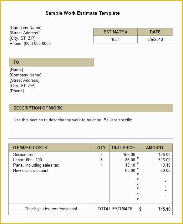 Free Estimate Template Word Of 6 Work Estimate Templates – Free Word & Excel formats