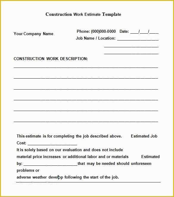 Free Estimate Template Word Of Construction Estimate Template