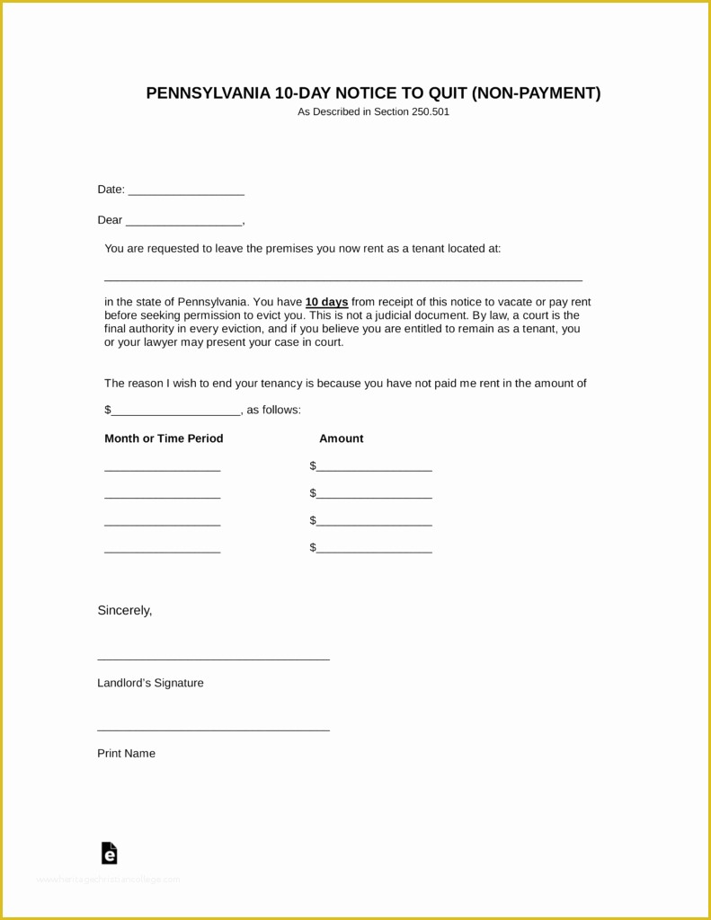Free Eviction Notice Template Pa Of Free Pennsylvania 10 Day Notice to Quit form