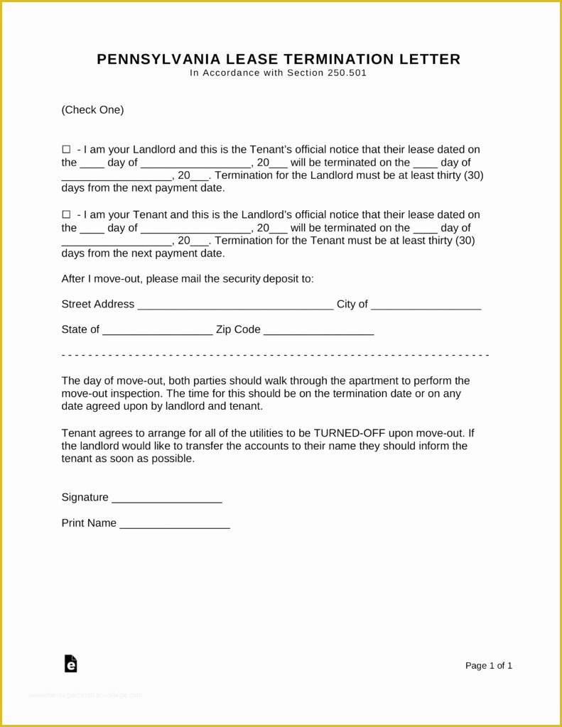 Free Eviction Notice Template Pa Of Free Pennsylvania Lease Termination Letter form