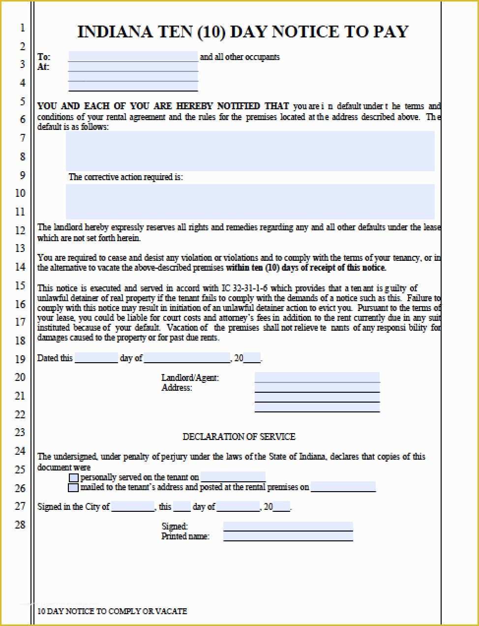 Free Eviction Template Of Free Indiana Ten 10 Day Notice to Quit