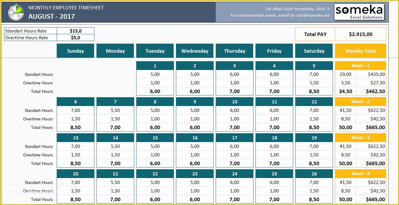 Free Excel Biweekly Timesheet Template Of Monthly Employee Timesheet for 2017 Free and Printable