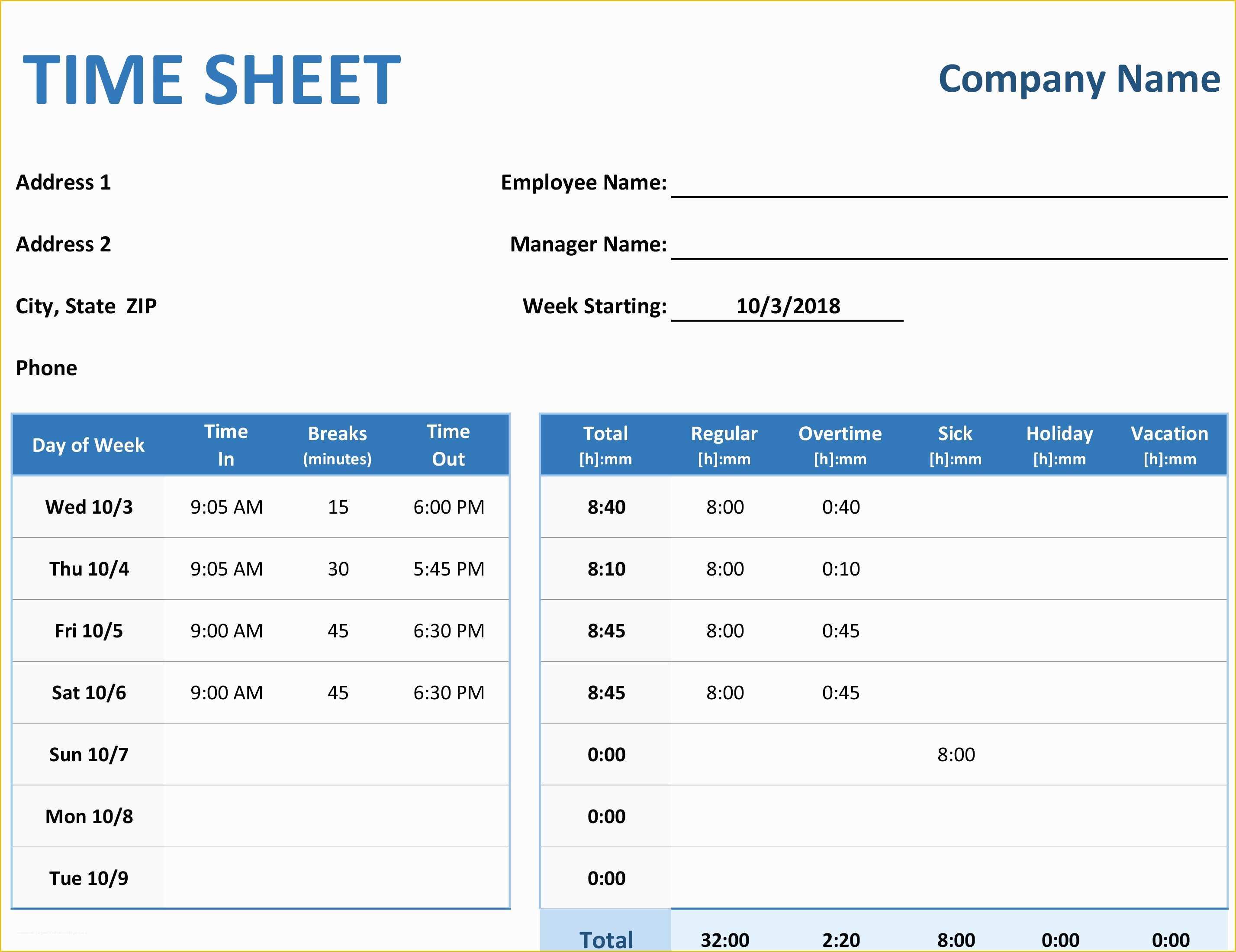 Free Excel Biweekly Timesheet Template Of Time Sheet