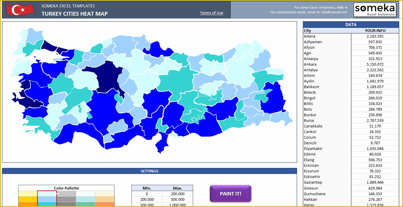Free Excel Heat Map Template Of Turkey Heat Map Excel Template Automatic City Coloring