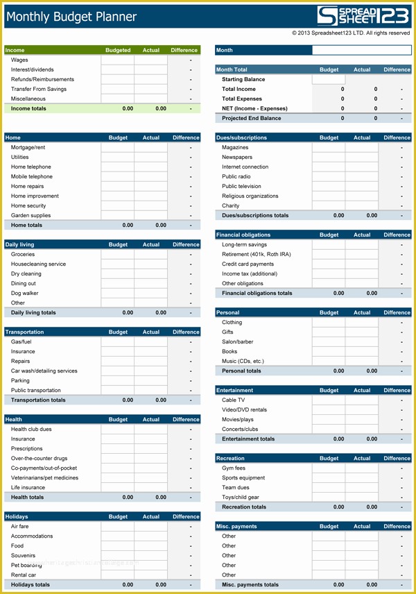 Free Excel Home Budget Template Of Monthly Bud Planner