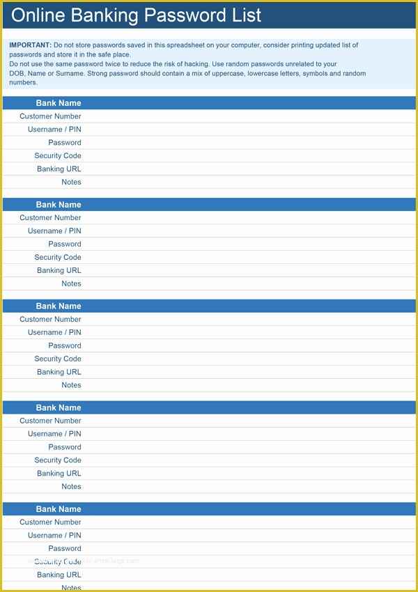 Free Excel Password Manager Template Of Line Banking Password List Template for Excel