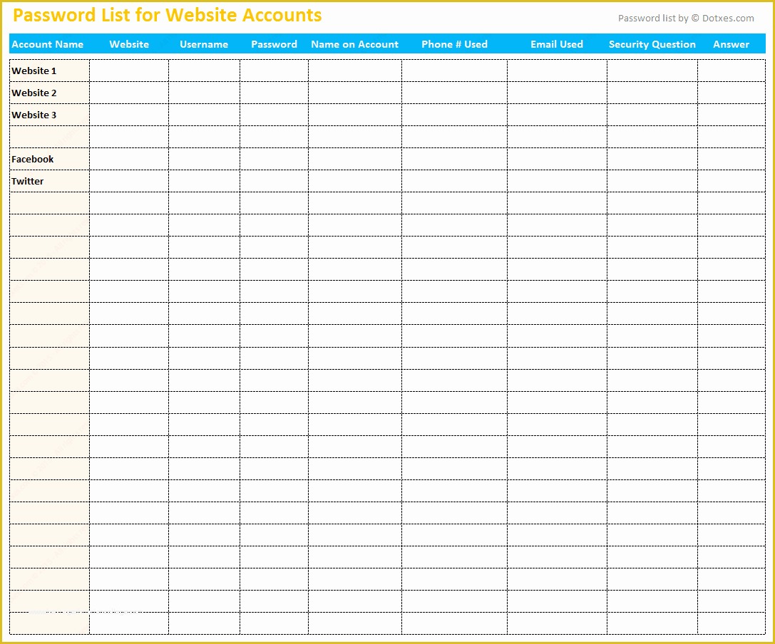 Free Excel Password Manager Template Of Password List Template Excel Dotxes