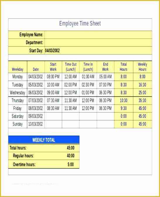 Free Excel Timesheet Template with formulas Of 6 Excel Timesheet Template with formulas Exceltemplates