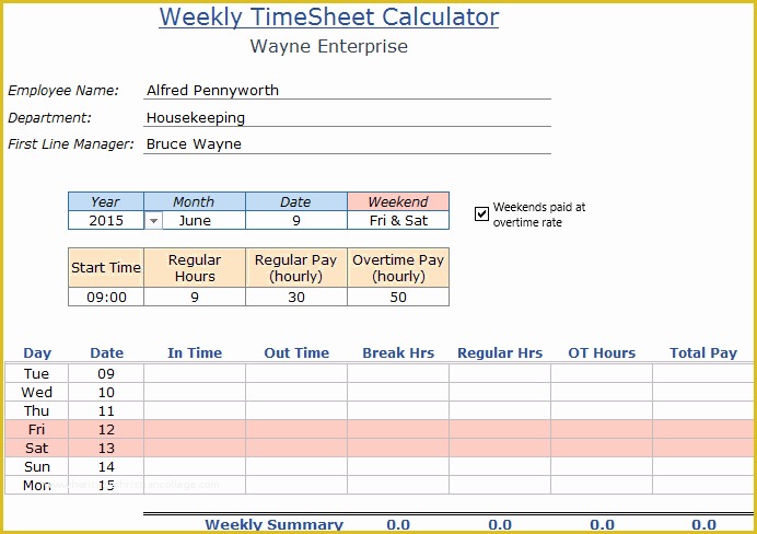 Free Excel Timesheet Template with formulas Of Excel Timesheet Calculator Template for 2019 [free Download]