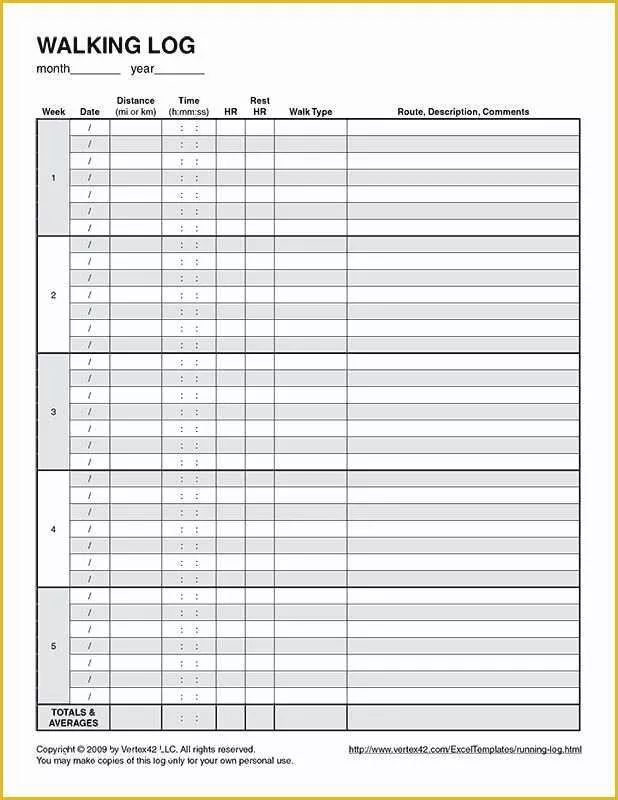 Free Exercise Log Template Of Free Printable Walking Log Pdf From Vertex42