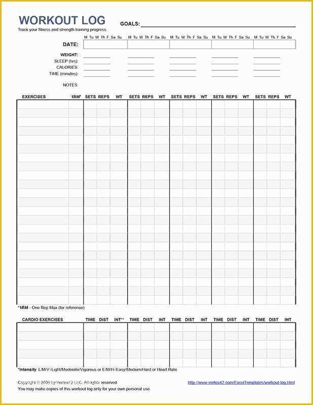 Free Exercise Log Template Of Free Printable Workout Log Pdf From Vertex42