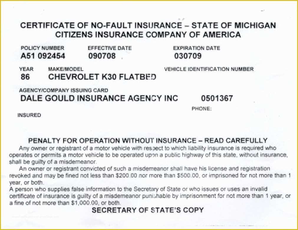 Proof Of Insurance Card Template