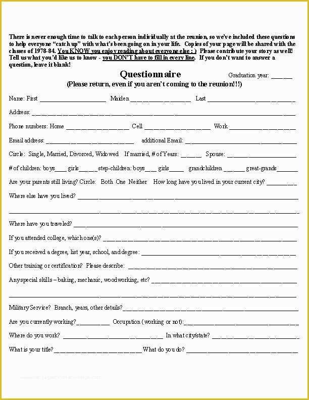 Free Family Reunion Survey Templates Of High School Reunion Questionnaire