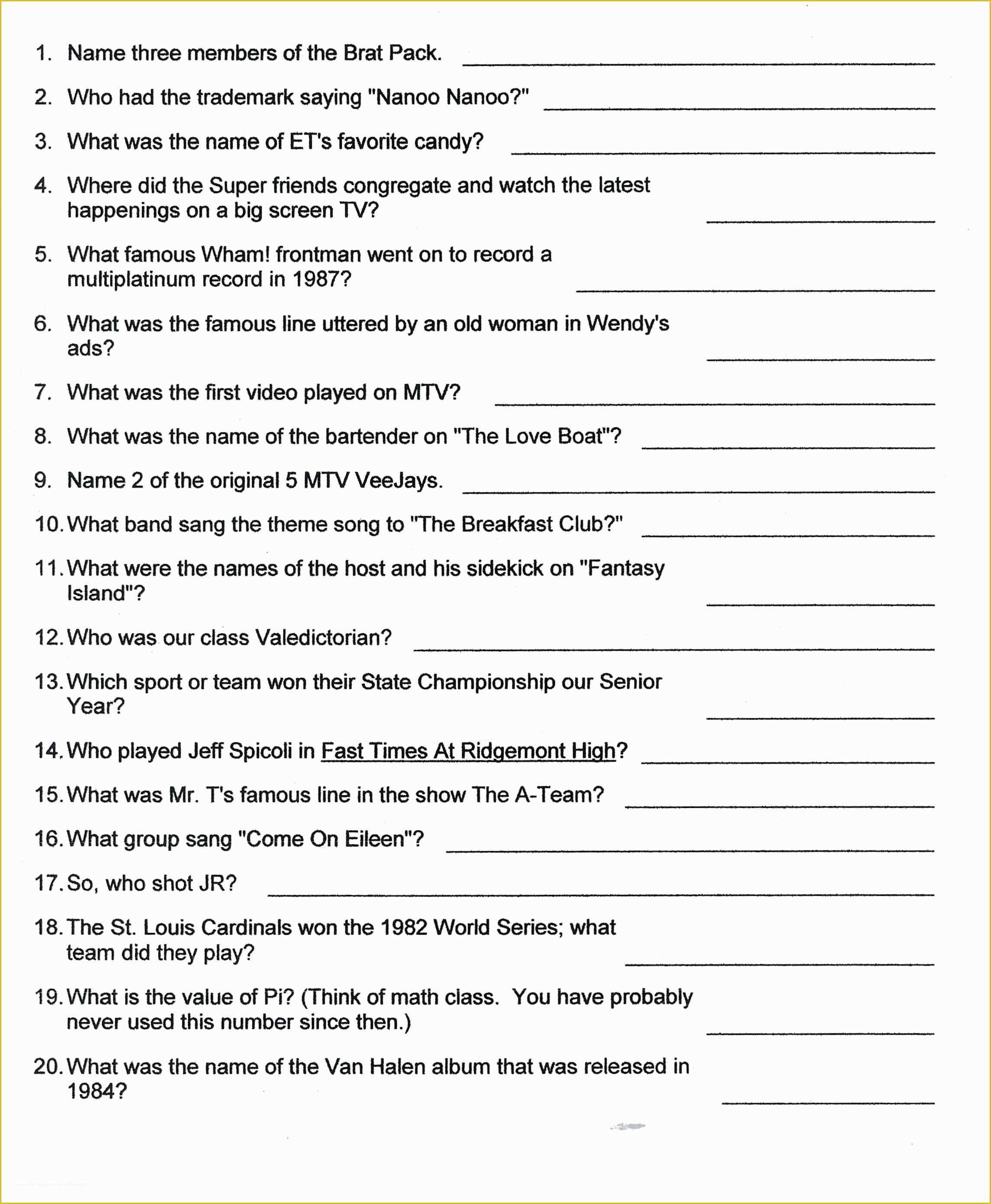 Free Family Reunion Survey Templates Of Reunion Trivia Questions for the Class Of 1985