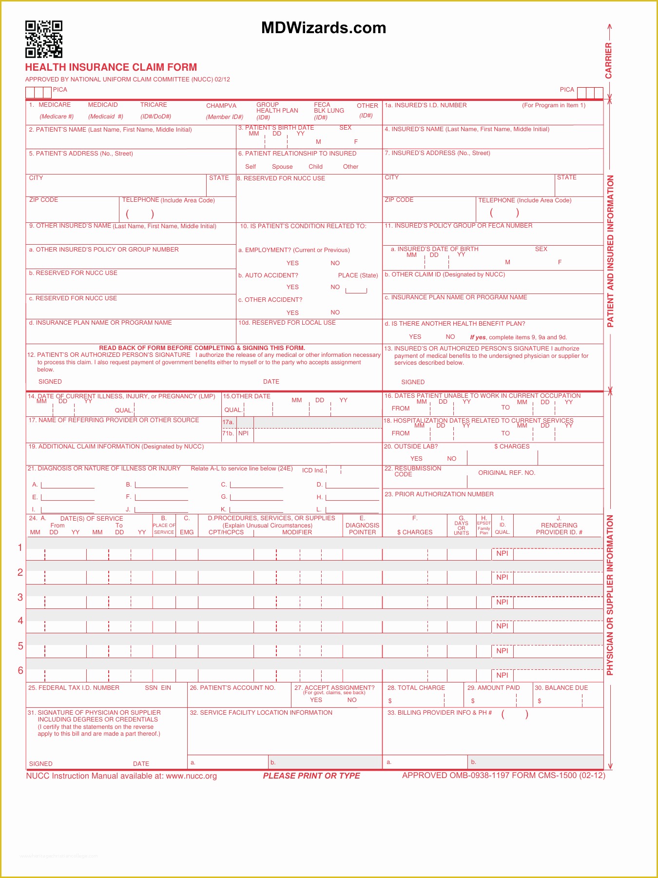 Free Fillable Cms 1500 Template Of Hcfa 1500 form Olalaopx