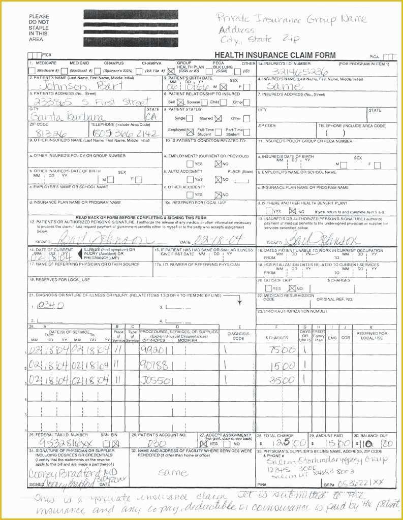 Free Fillable Cms 1500 Template Of Health Insurance Claim form 1500 Health Insurance Claim