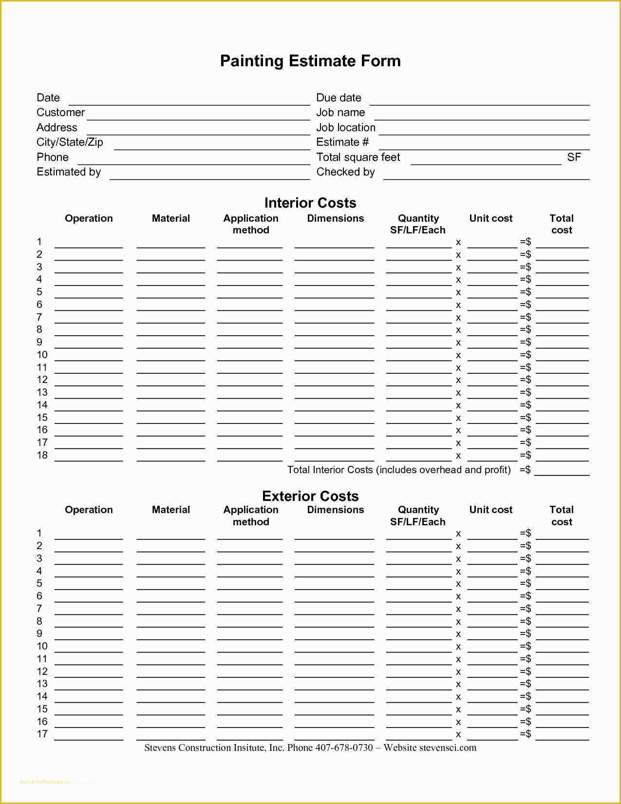 Free Fillable form Templates Of Painting Estimate Template 2018