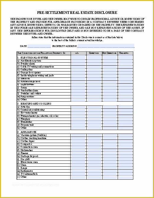 Free Fillable form Templates Of Pre Settlement Real Estate Disclosure Agreement Template