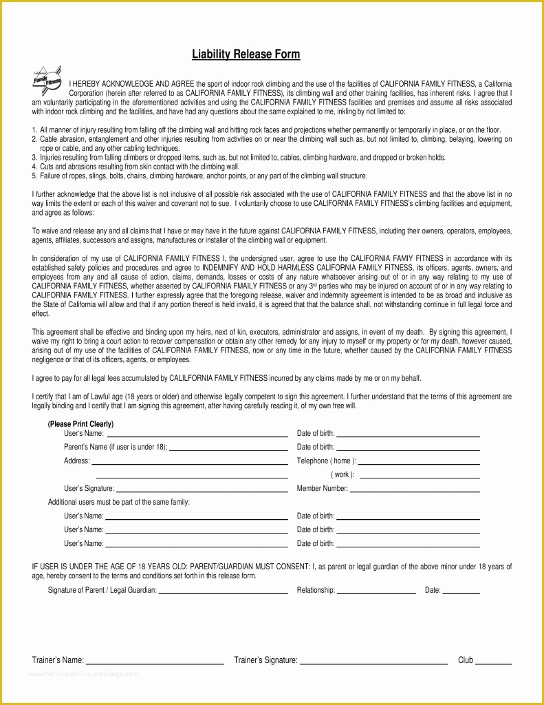 Free Fitness Waiver Template Of Free California Family Fitness Liability Release form