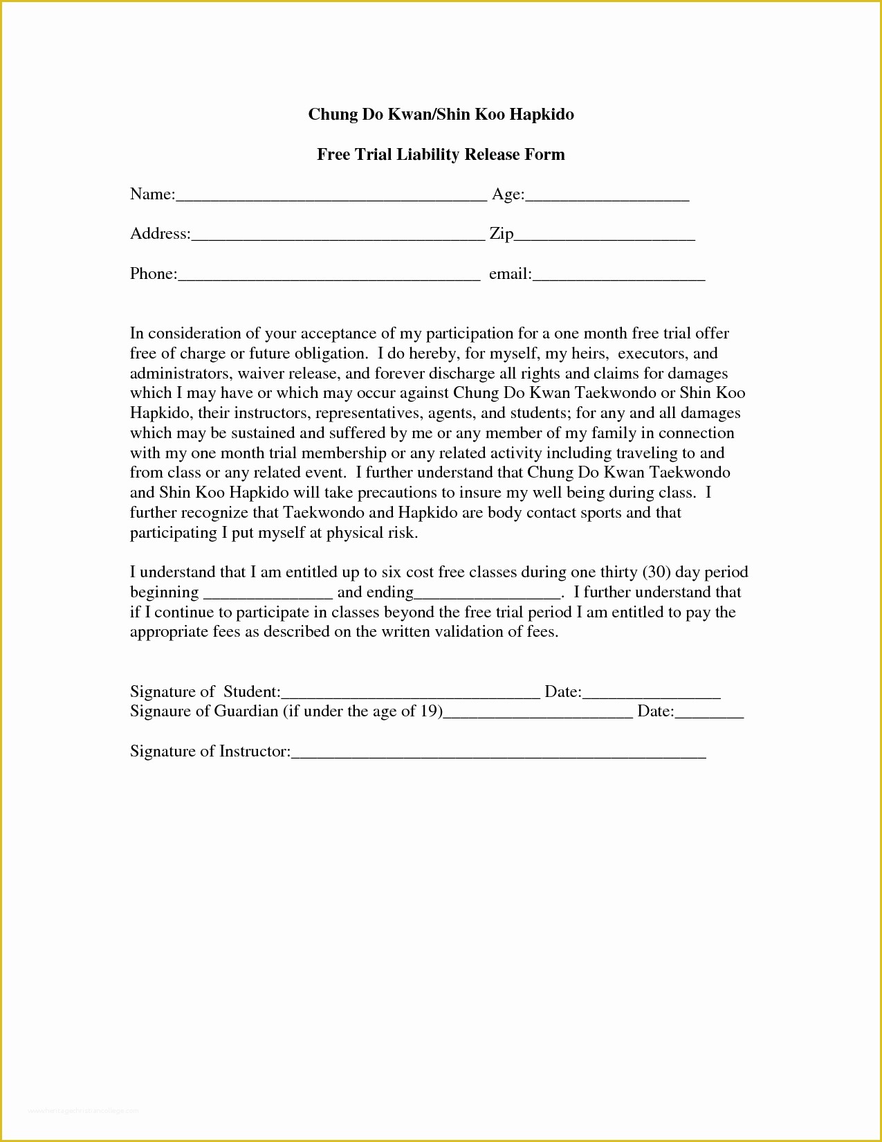Free Fitness Waiver Template Of Free Printable Liability form form Generic