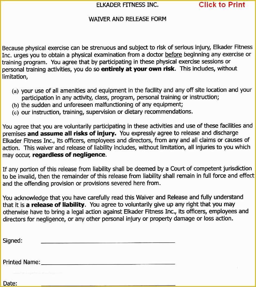 Free Fitness Waiver Template Of Free Printable Release and Waiver Liability Agreement