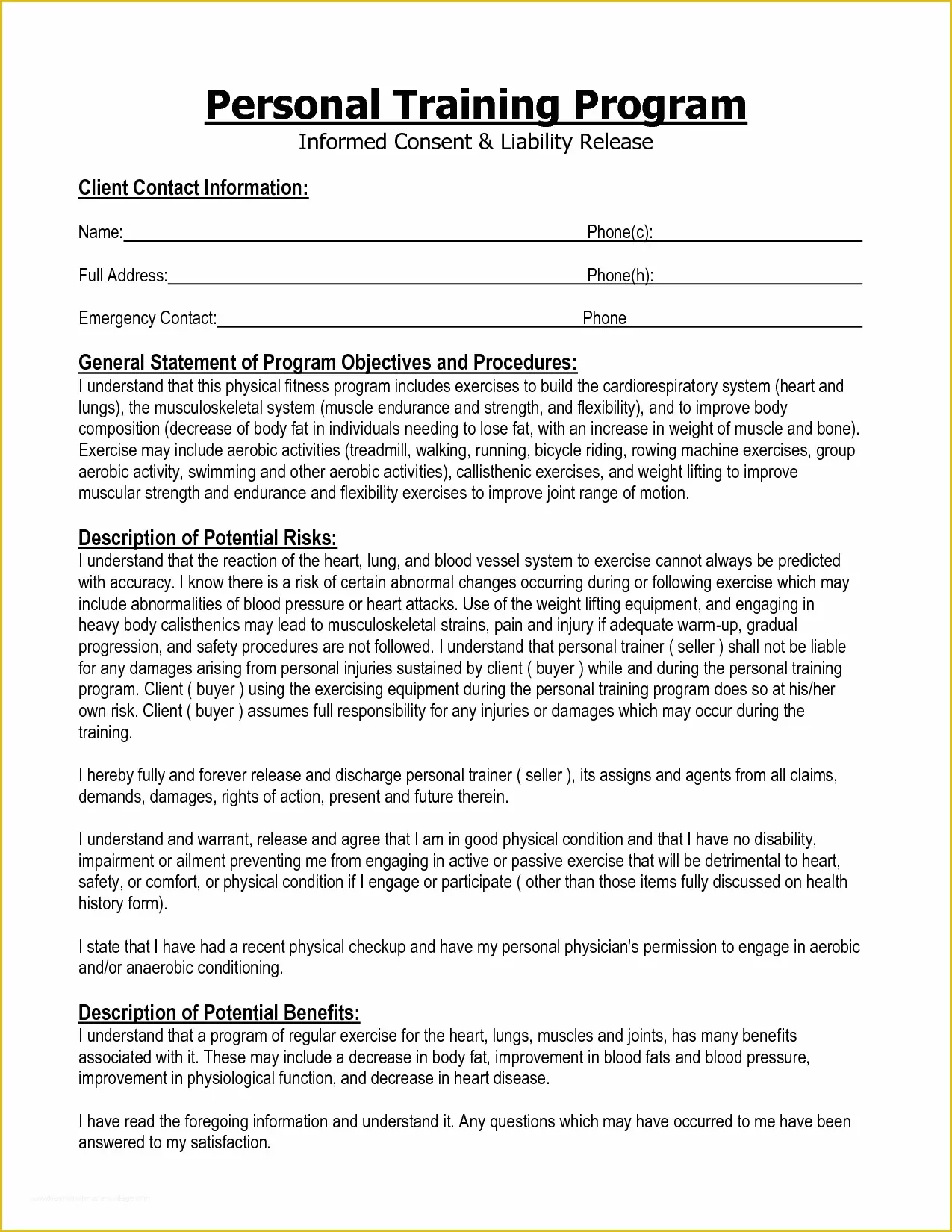 Free Fitness Waiver Template Of Informed Consent form Personal Training Google Search