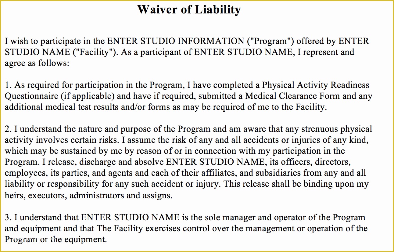 Free Fitness Waiver Template Of Waiver Of Liability