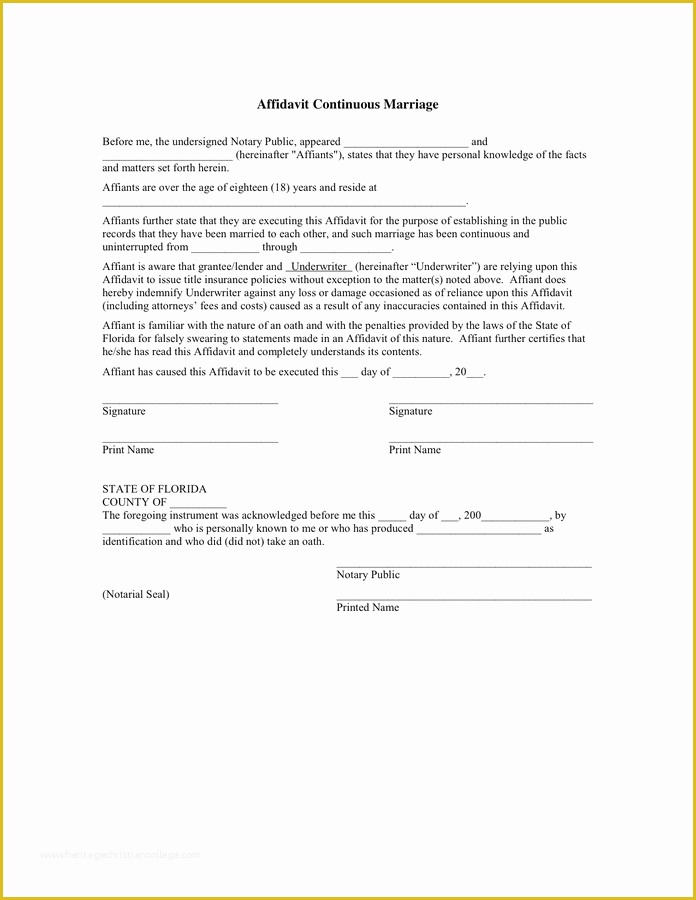 Free Florida Affidavit Template Of Florida Affidavit Of Continuous Marriage In Word and Pdf