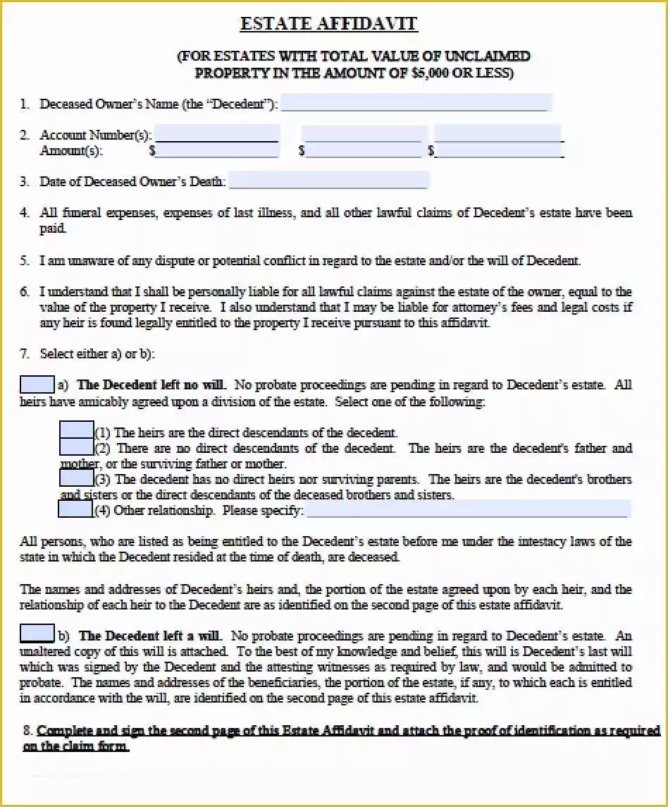 Free Florida Affidavit Template Of Free Florida Small Estate Affidavit form