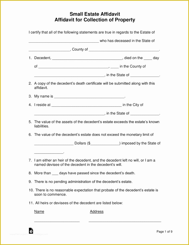 Free Florida Affidavit Template Of Free Small Estate Affidavit forms Pdf Word