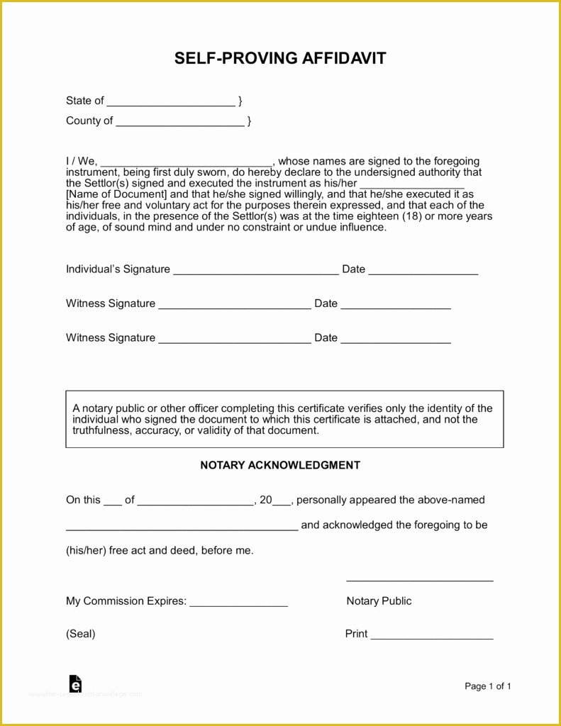 Free Florida Affidavit Template Of Self Proving Affidavit form