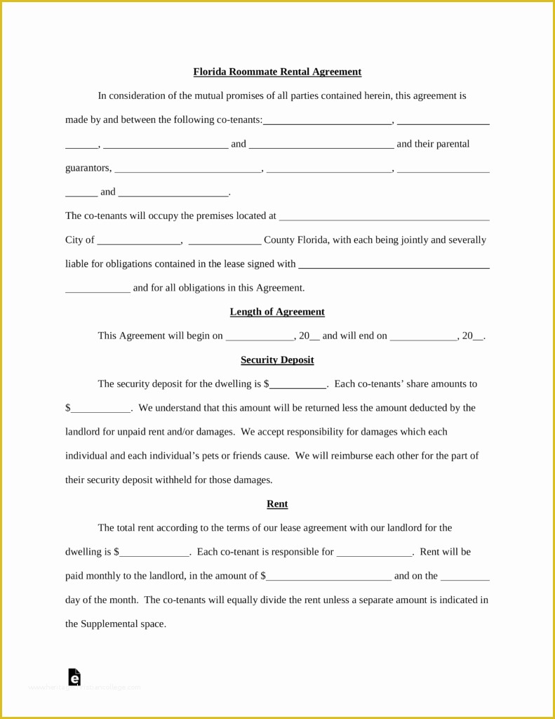 Free Florida Lease Agreement Template Of Free Florida Roommate Room Rental Agreement Template