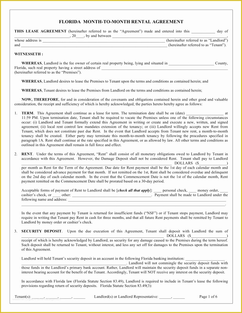 Free Florida Residential Lease Agreement Template Of Free Florida Month to Month Rental Agreement Template
