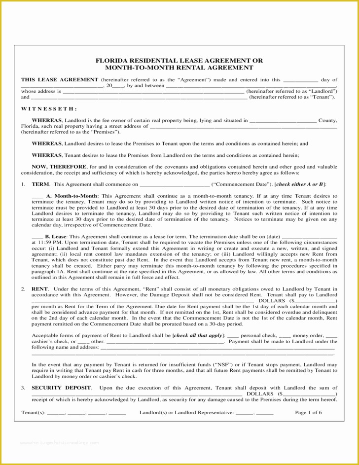 Free Florida Residential Lease Agreement Template Of Month to Month Rental Agreement form Florida Free Download