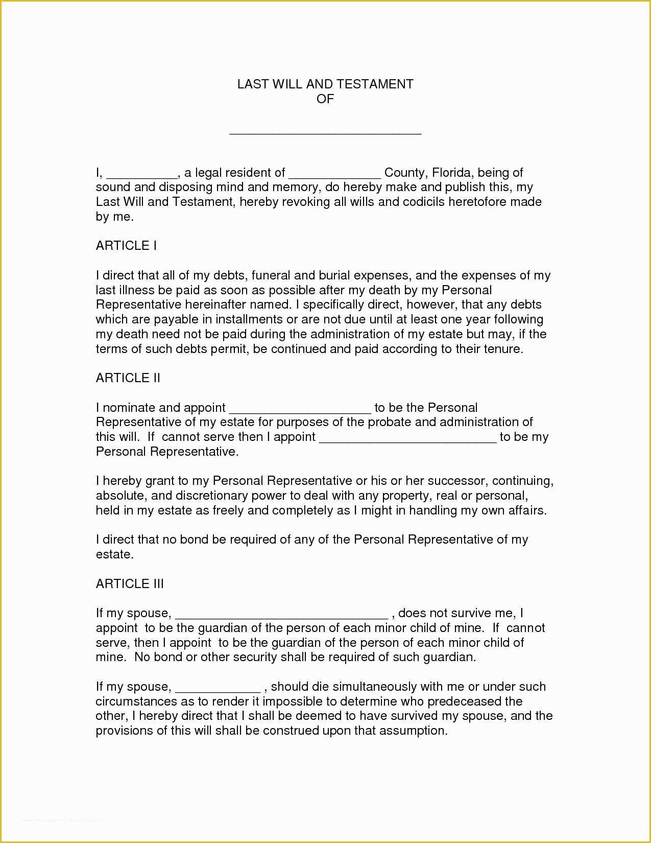 Free Florida Will Templates Of Best Free Printable Last Will and Testament forms