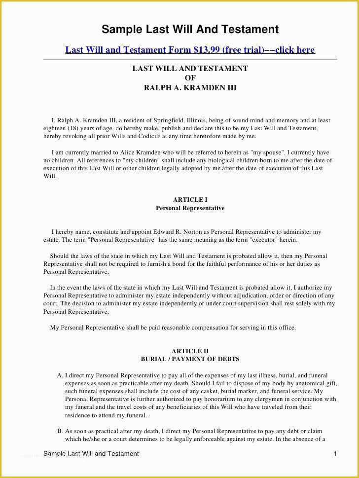 Free Florida Will Templates Of Printable Sample Last Will and Testament Template form