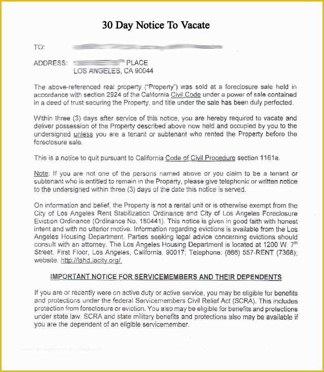 Free foreclosure Letter Template Of Printable Sample 30 Day Notice to Vacate Template form