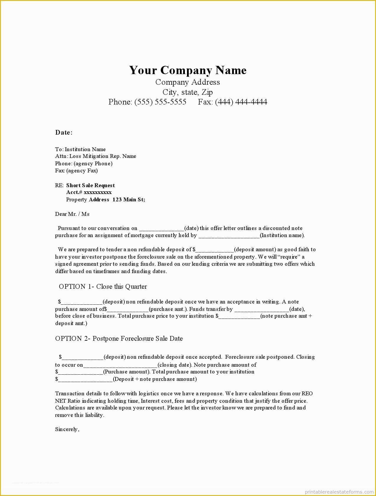 Free foreclosure Letter Template Of Sample Printable Note Purchase Offer In Leiu Of Short Sale