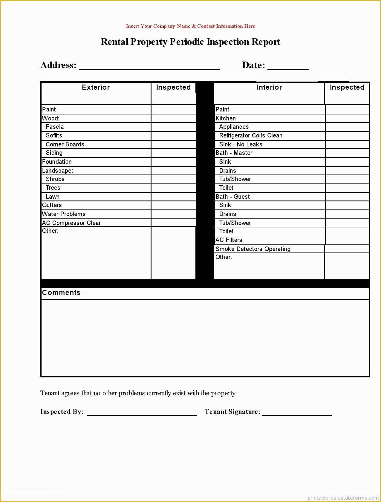 Free form Templates Of Free Printable Rental Property Periodic Inspection Report