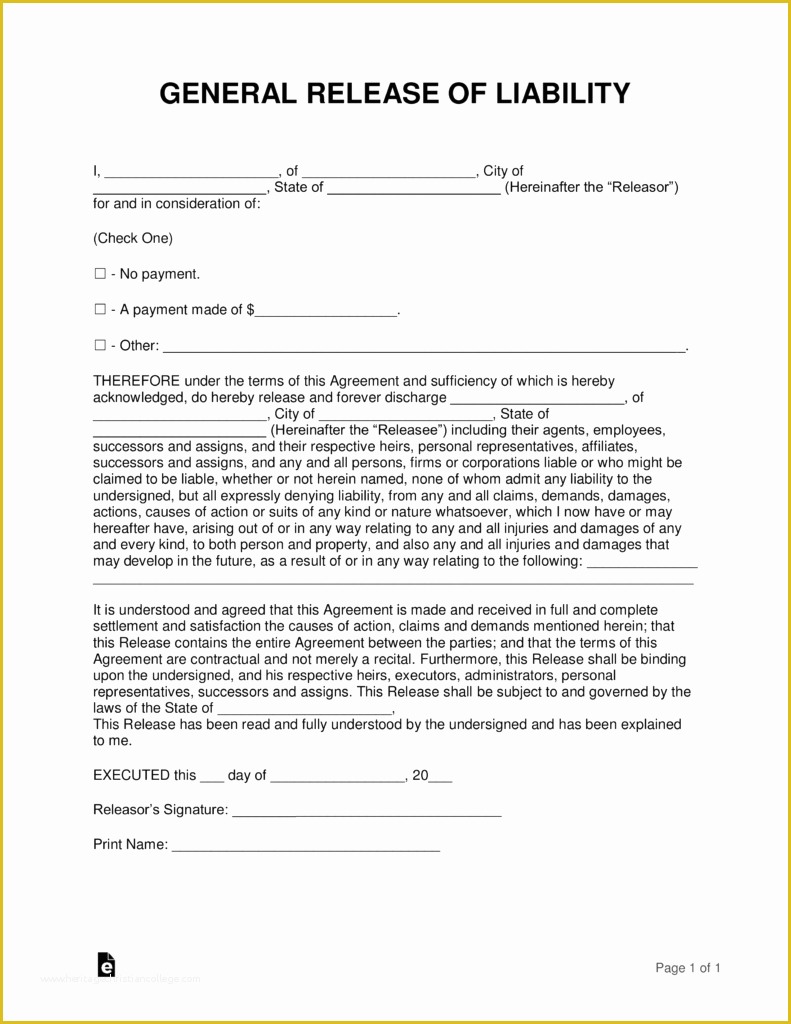 Free General Liability Release form Template Of Free Release Of Liability Hold Harmless Agreement