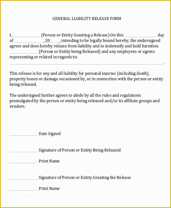 Free General Liability Release form Template Of General Release Of Liability form Sample 7 Examples In