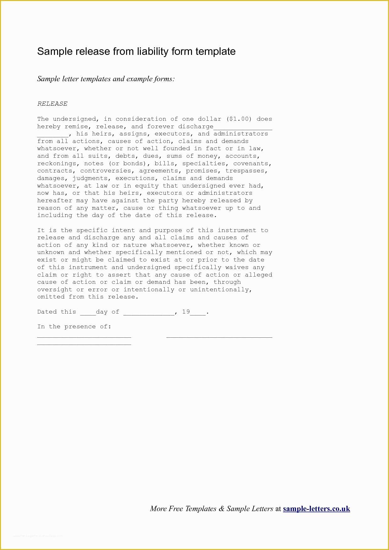 Free General Liability Release form Template Of Release Liability Letter Portablegasgrillweber