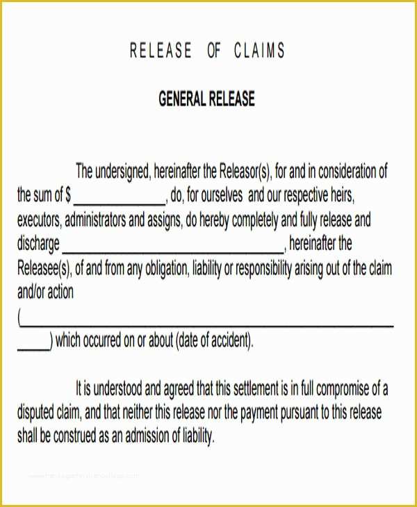 Free General Liability Release form Template Of Sample General Liability Release form 7 Examples In