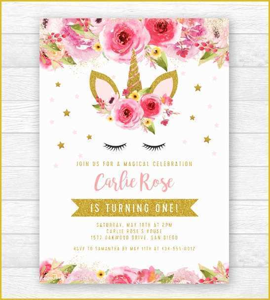 Free Glitter Invitation Template Of Editable Unicorn Birthday Party Invitation Pink Gold