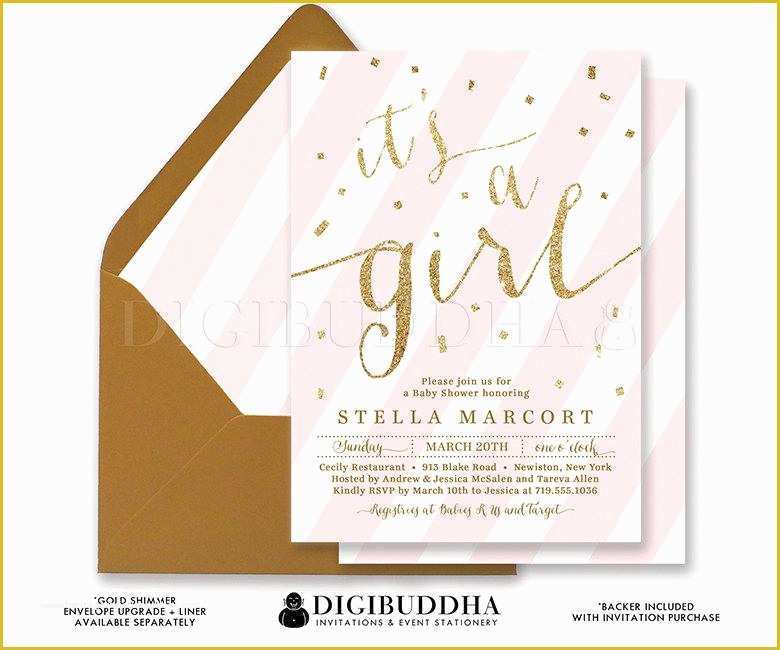 Free Glitter Invitation Template Of Girl Baby Shower Invitation Pink &amp; Gold Stripe Printable