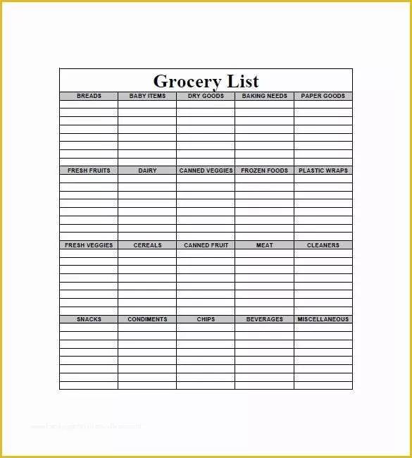 Free Grocery List Template Excel Of Grocery List Template – 8 Free Sample Example format