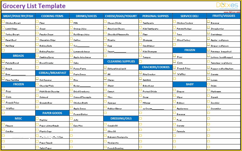 Free Grocery List Template Excel Of Grocery List Template Categorized Dotxes