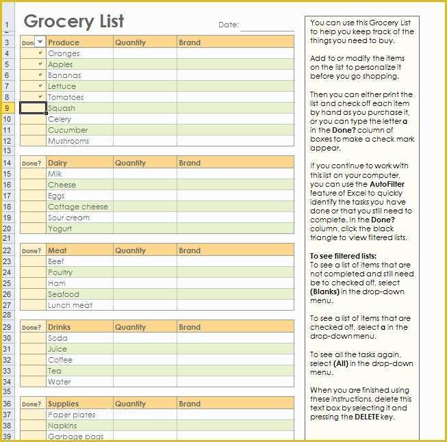 Free Grocery List Template Excel Of Grocery Shopping List Template for Excel