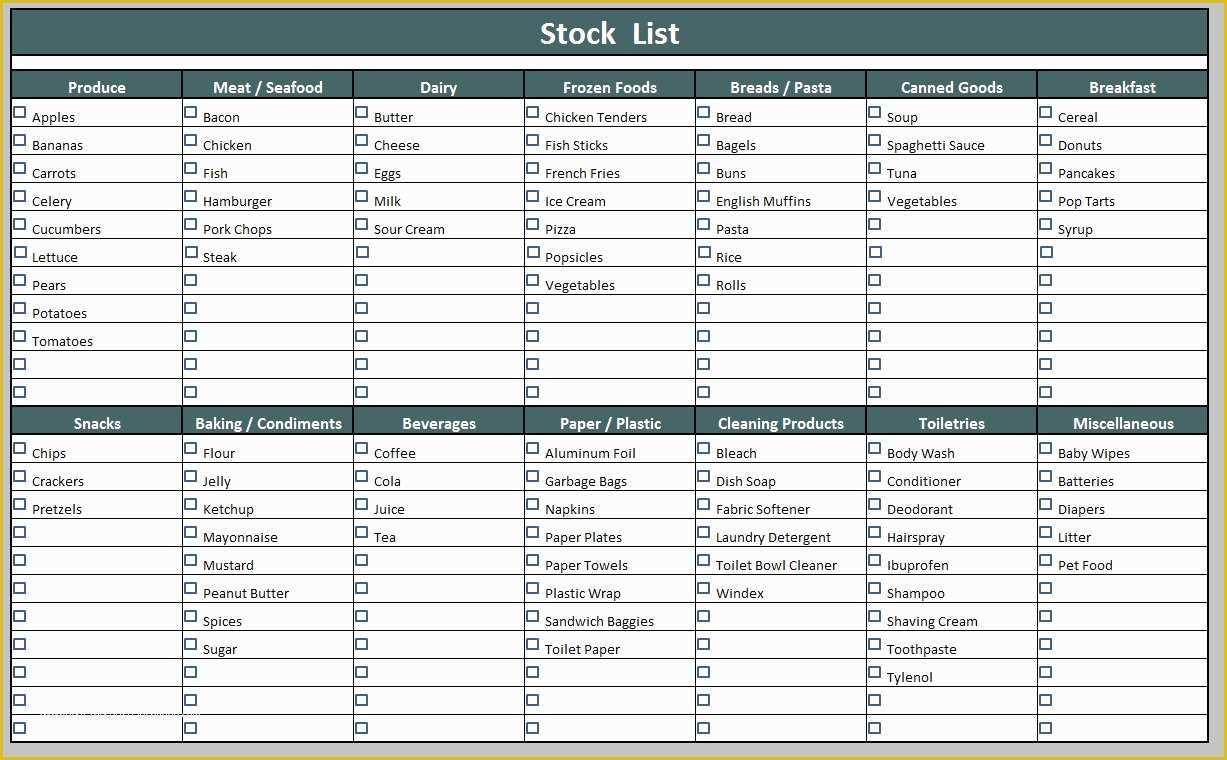 Free Grocery List Template Excel Of Home Personal Grocery Stock List Template for Word