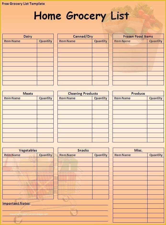 Free Grocery List Template Excel Of List Templates